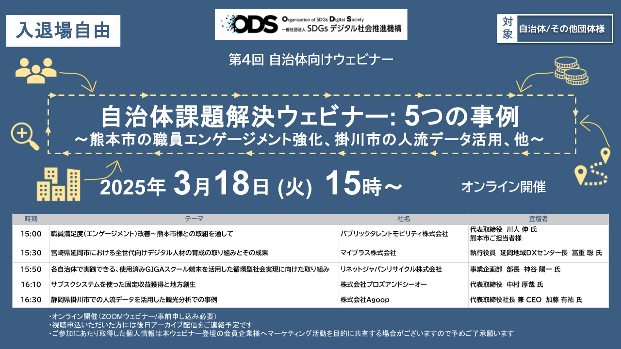 3月18日開催「Organization of SDGs Digital Society 第4回自治体向けウェビナー 」登壇のお知らせ