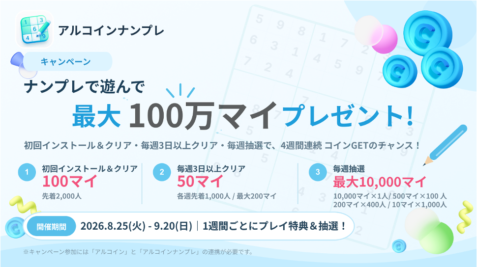 クリア＆抽選でコインを最大100万マイプレゼント！<br> スマホアプリ「アルコインナンプレ」でキャンペーンを実施